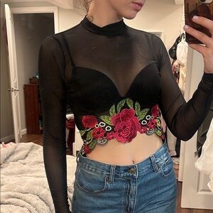 Black Sheer Floral Embroidered Top